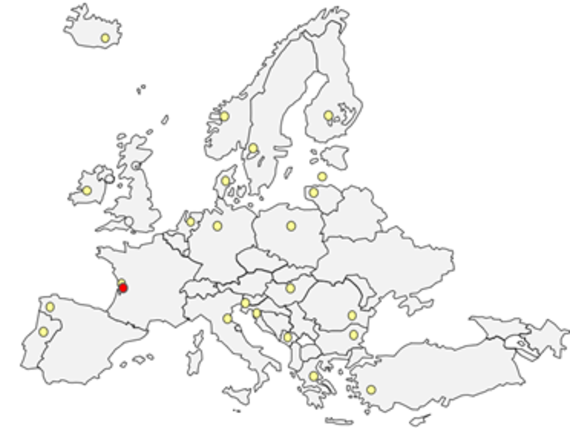 Réseau des LNRs pour les maladies des mollusques marins (en jaune) coordonné par le LRUE (en rouge